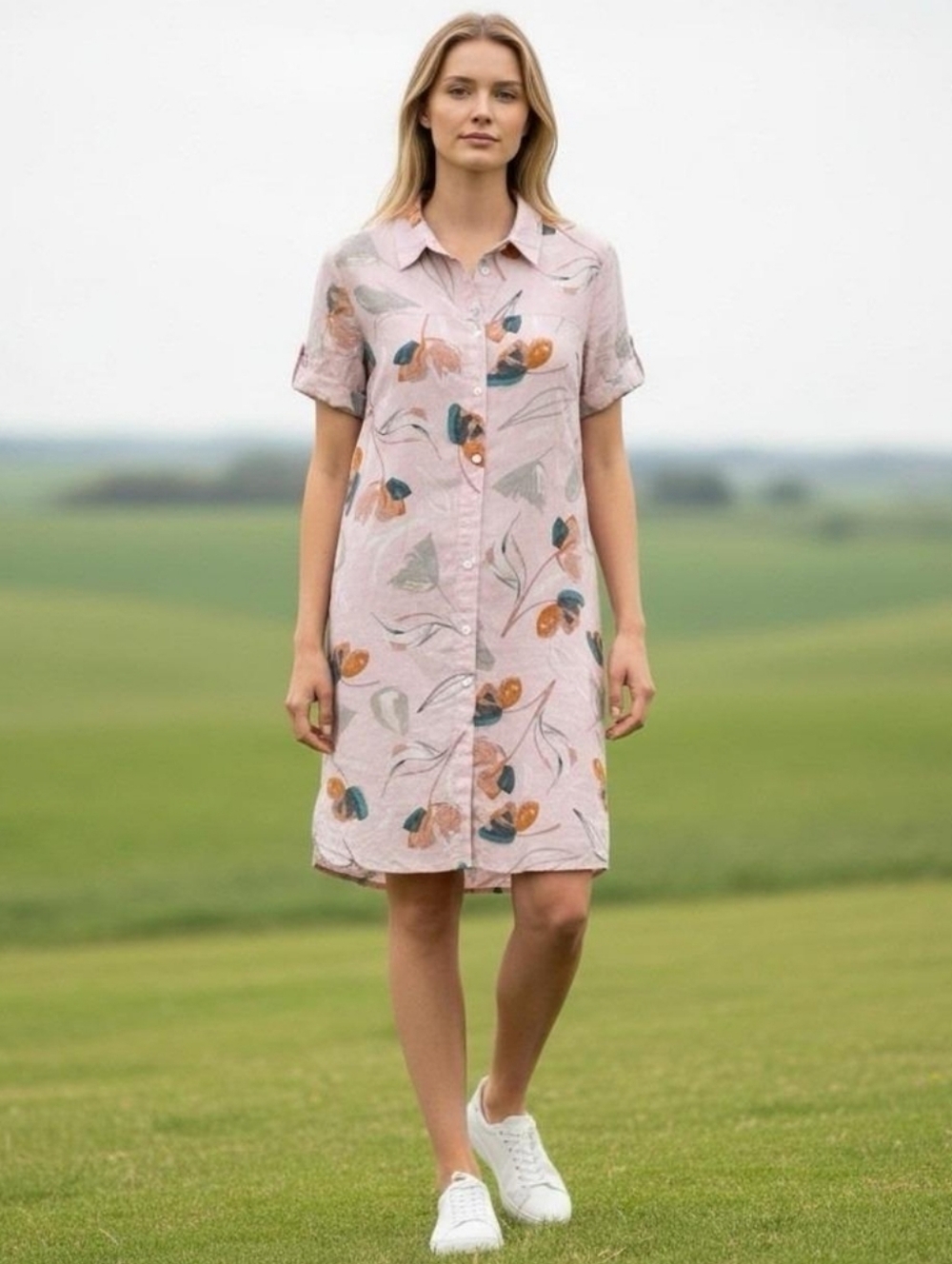 Rachel Zoe | 100% Linen Pink Printed Button Up Dress